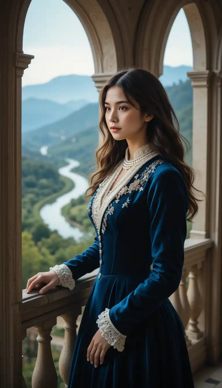 Young woman in victorian dress by a riverside balcony