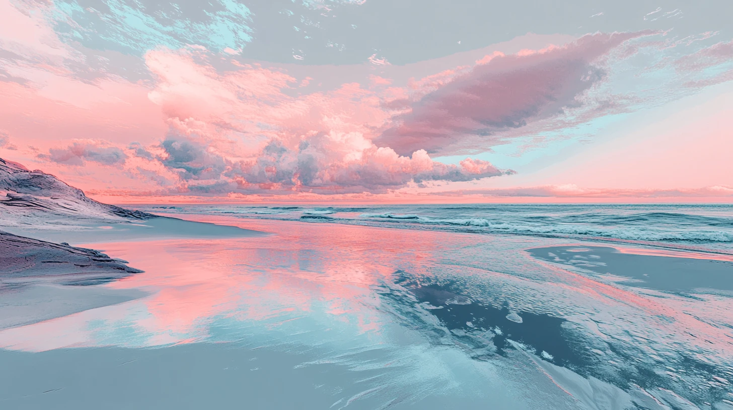 Serene surreal beachside rendered in pastel metallic tones