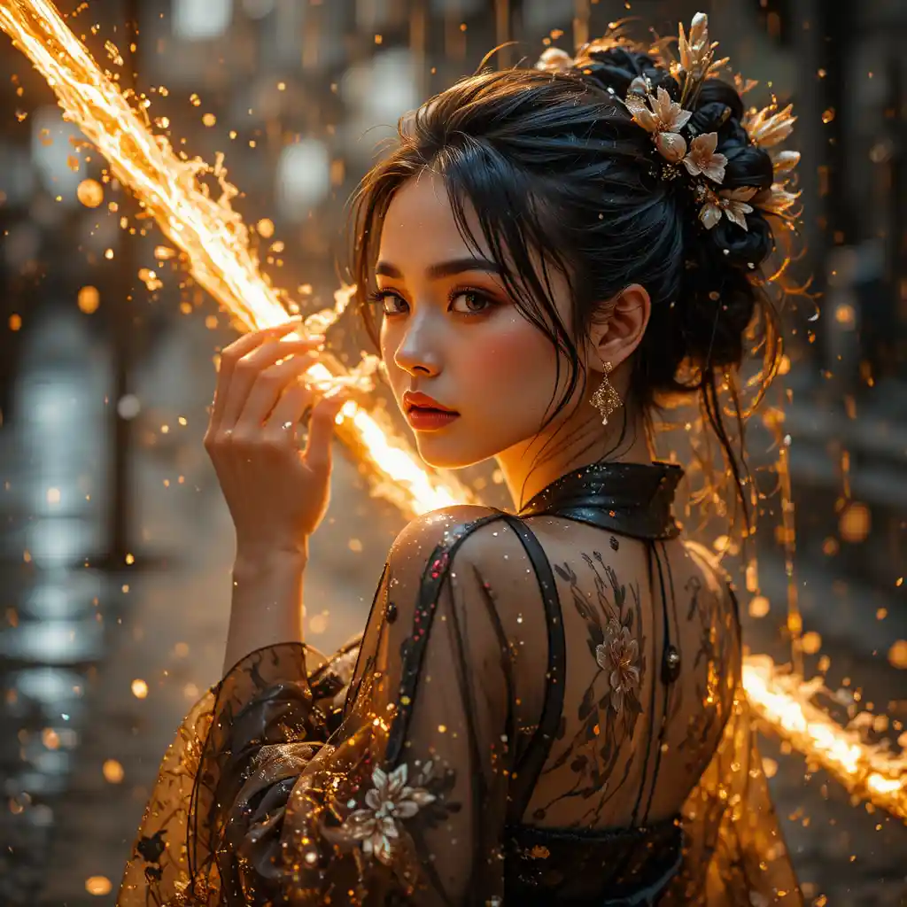 Close up woman with katana amid golden shimmering particles