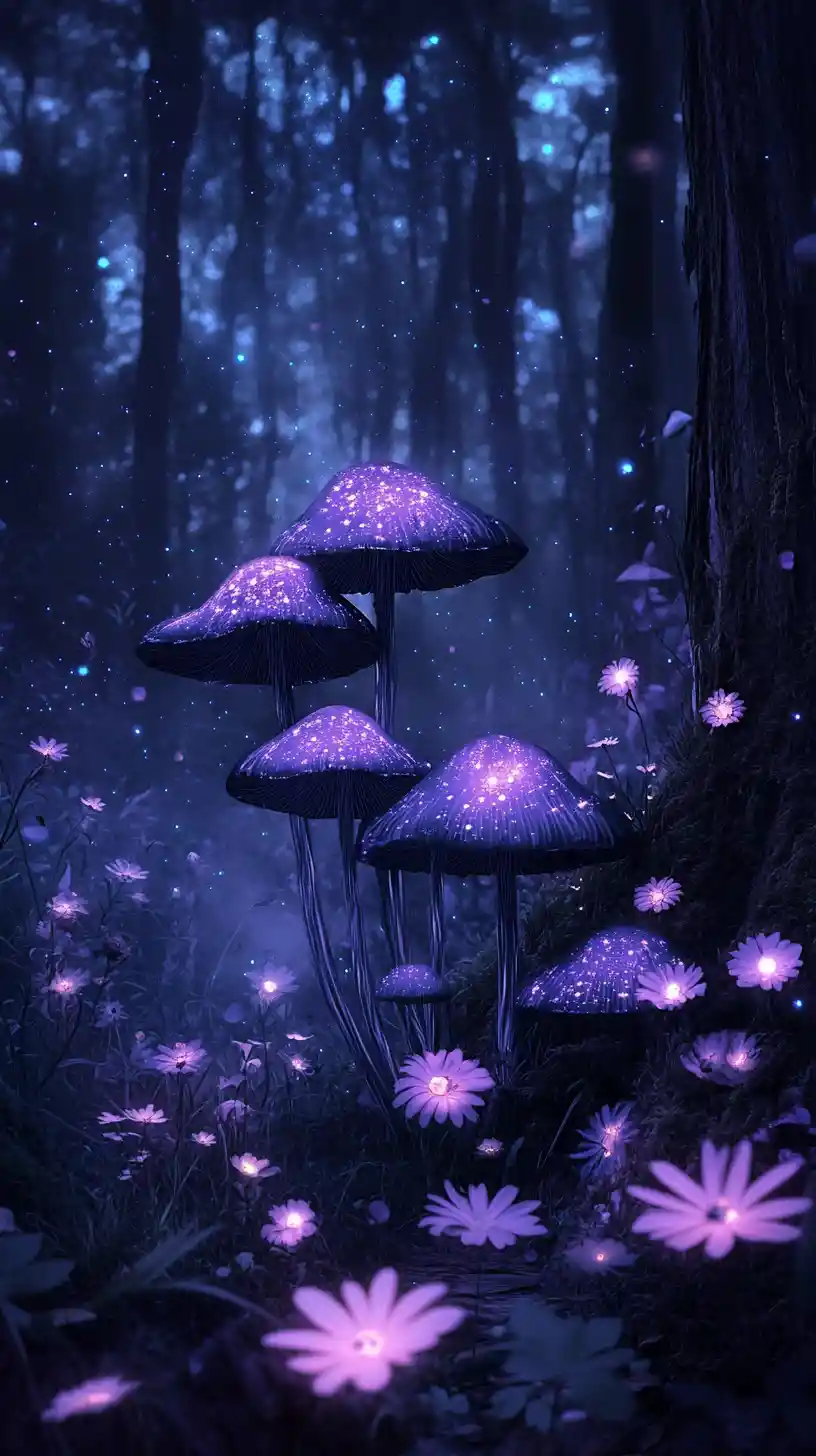 Bioluminescent Forest With Glowing Mushrooms At Night