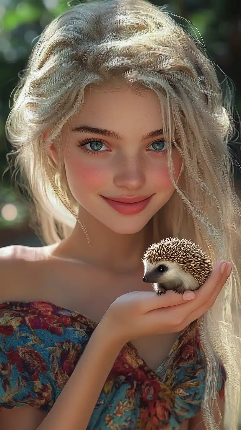 Smiling blonde girl holding a small hedgehog portrait
