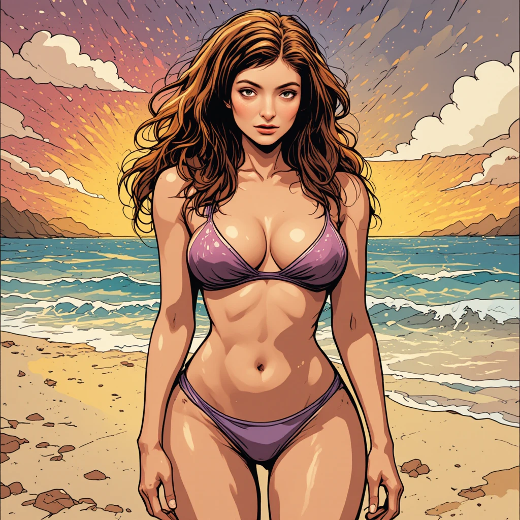 Femme sensuelle en micro bikini posant sur une plage ensoleillée