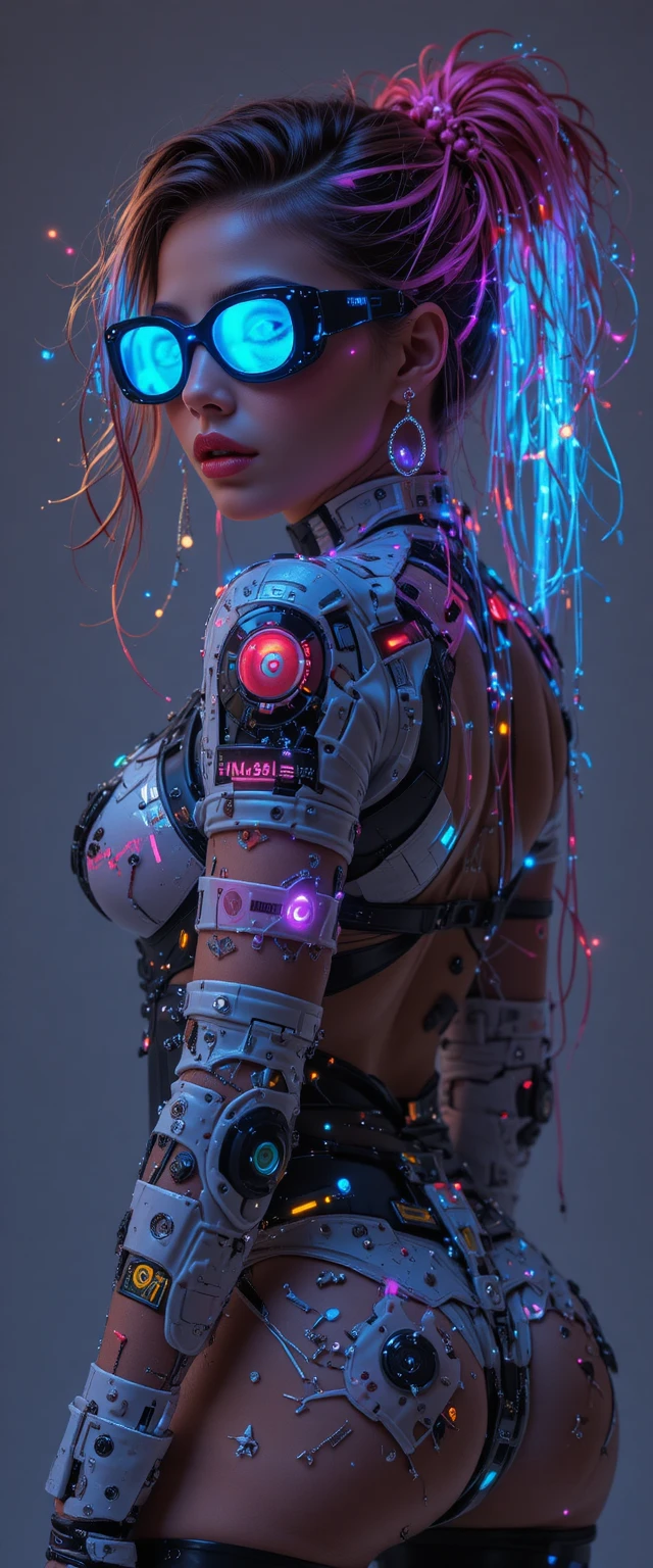 Cyberpunk fashion woman in studio with glowing details