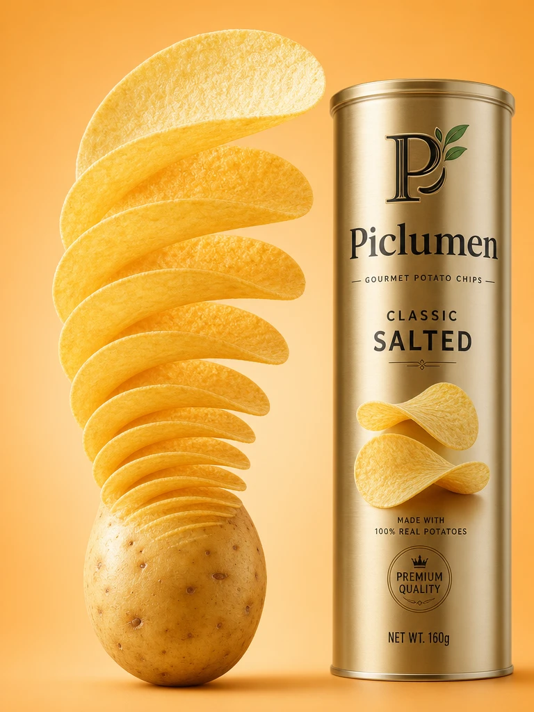 Papa flotante que se transforma en capas de doradas papas fritas