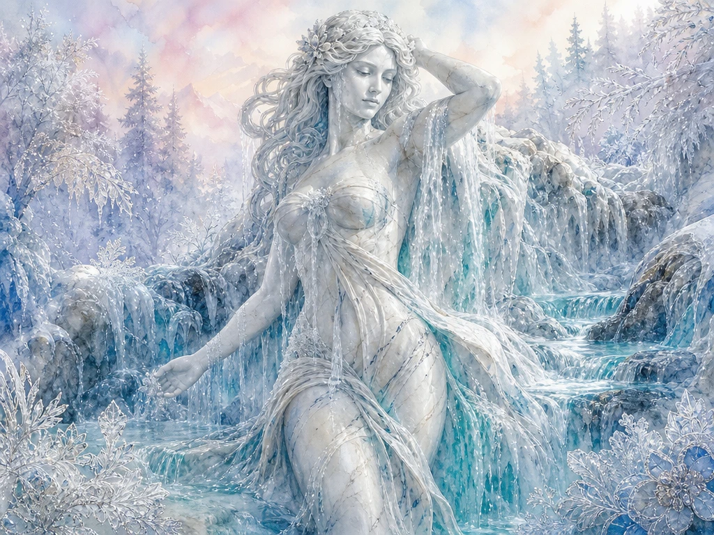 Marble Mother Nature Statue In A Serene Winter River