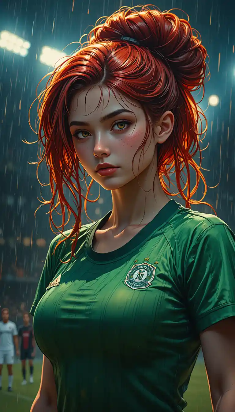 Curvy anime soccer woman under heavy rain in warm light