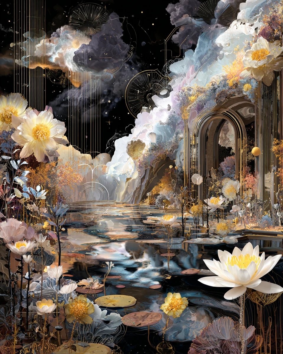 Surreal dreamscape blending nature forms with musical elements