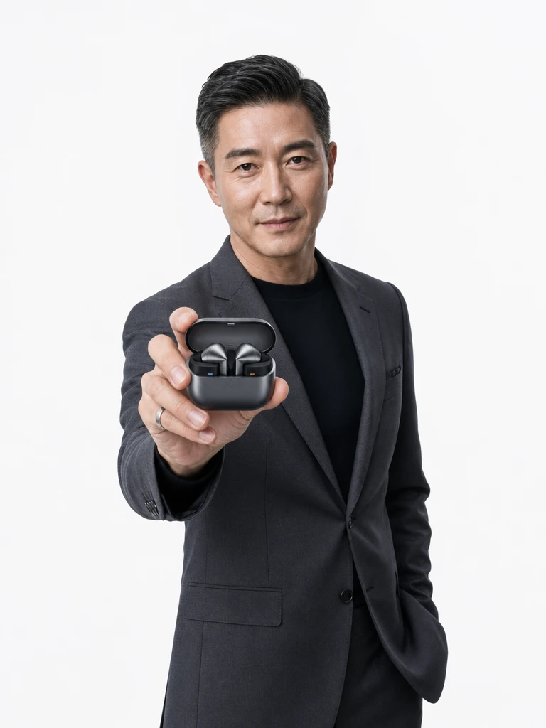 Business man presenting wireless earbuds in white studio
