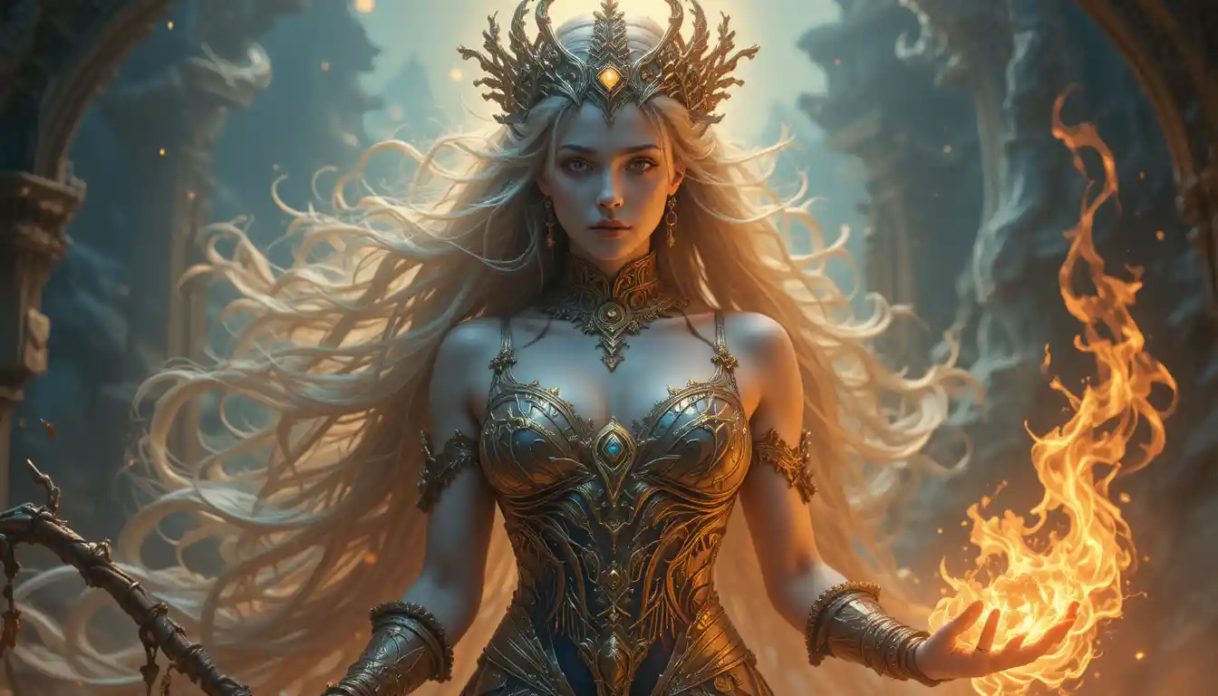 Mystical ancient queen in a vibrant magical fantasy realm