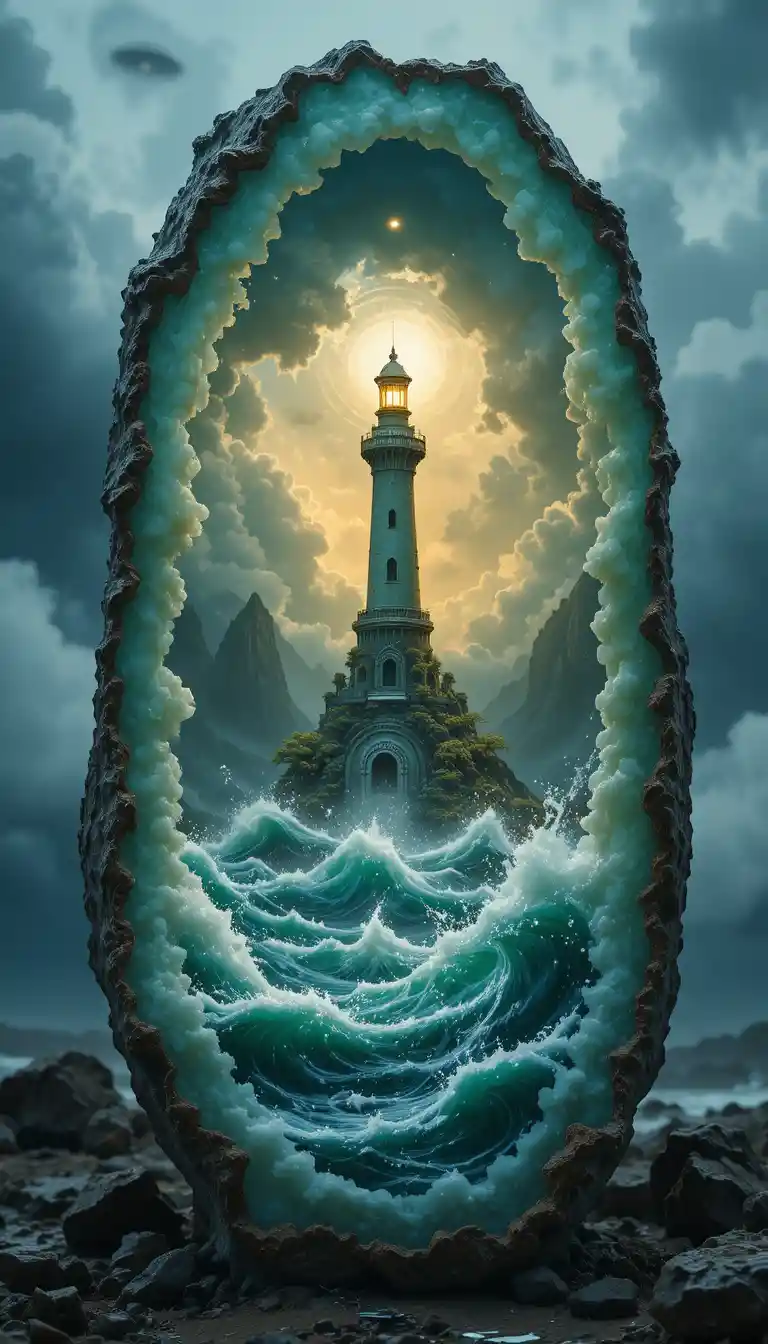 Stormy sea and lighthouse inside a glowing jadeite