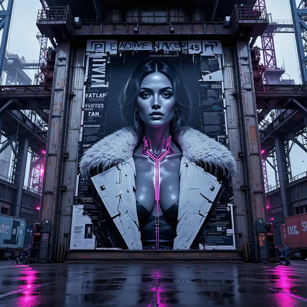 Noir cyberpunk woman poster on abandoned orbital platform