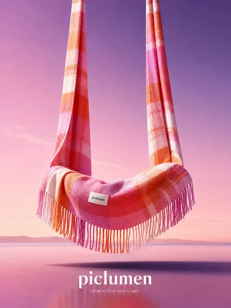 Minimalist plaid scarf suspended against gradient sky