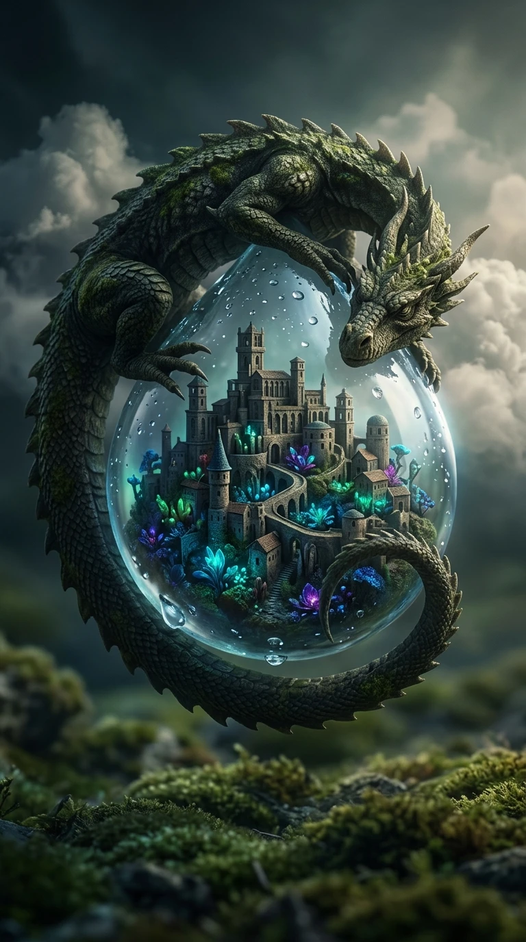 Ancient dragon guarding a tiny city on a raindrop