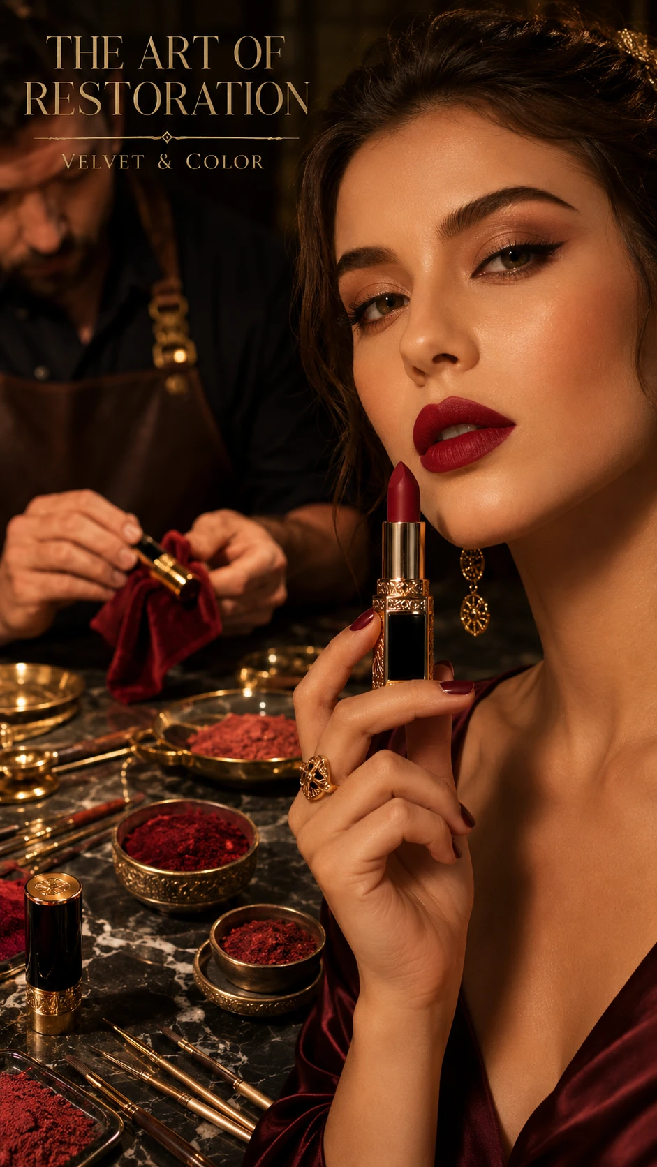 Barra de labios de lujo en primer plano con modelo femenina elegante