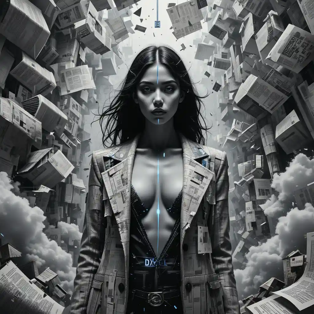 Surreal glitch fashion portrait of a grayscale woman