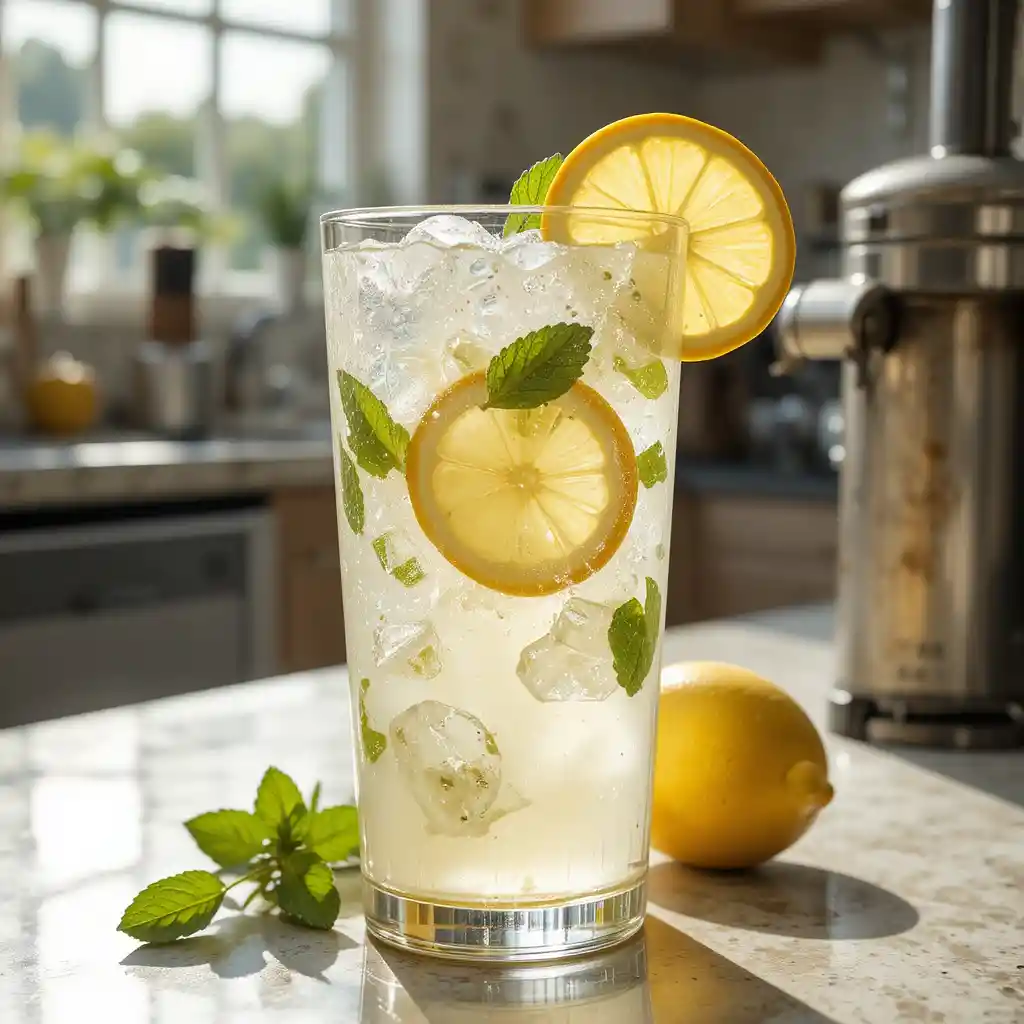 Chilled Lemonade Glass On Sunlit Kitchen Counter