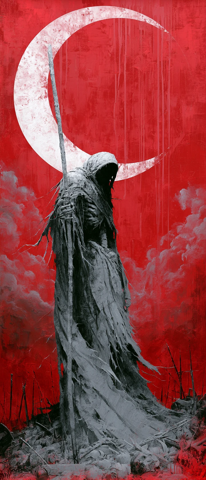 White grim reaper on a moonlit battlefield with weapons