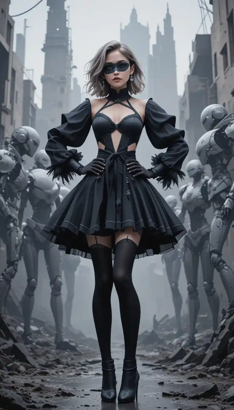 White haired anime girl in black dress in ruined city