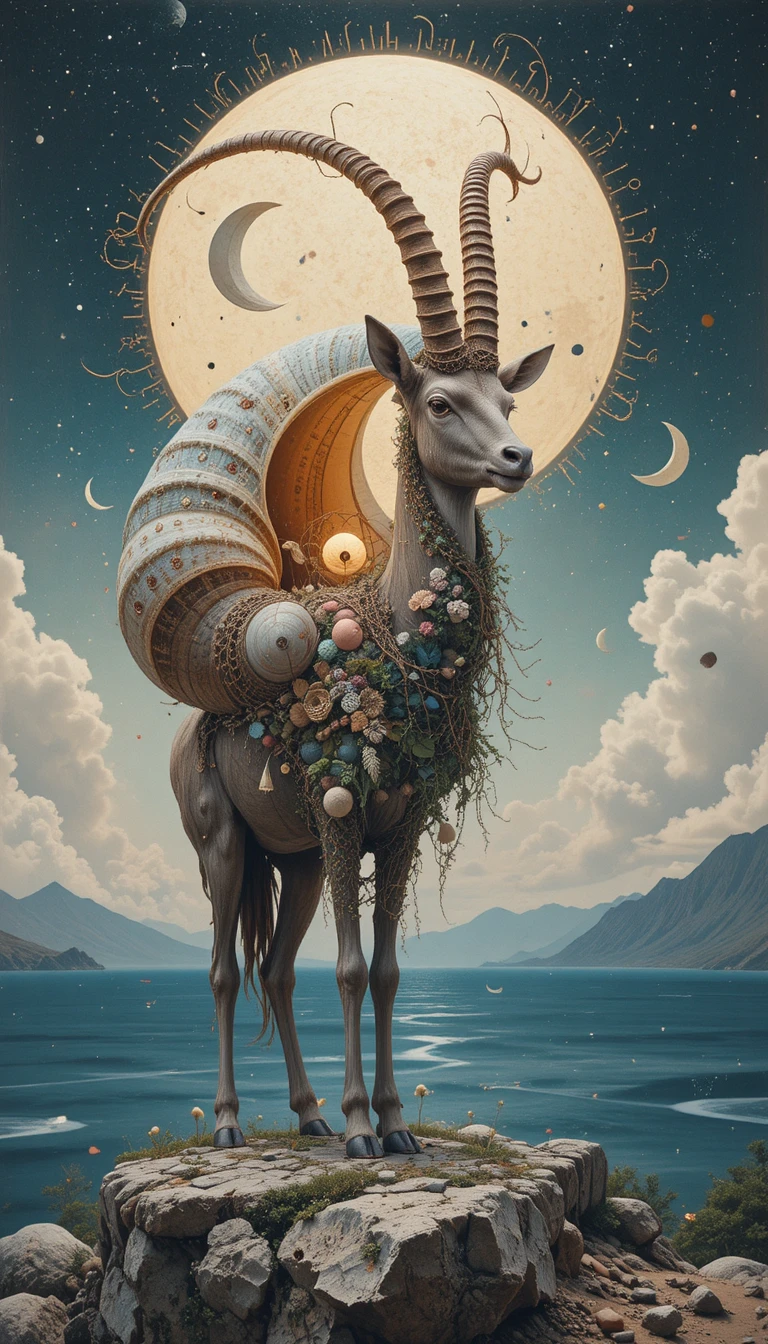 Surreal ibex and nautilus shell still life by the sea