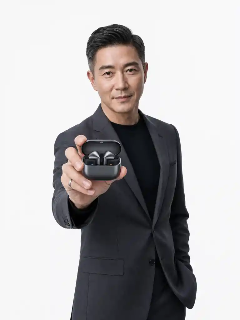 Business man presenting wireless earbuds in white studio