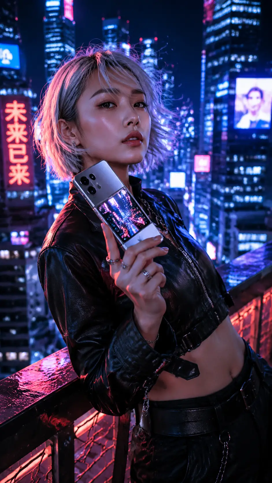 Ritratto cyberpunk di donna con telefono pieghevole su un rooftop