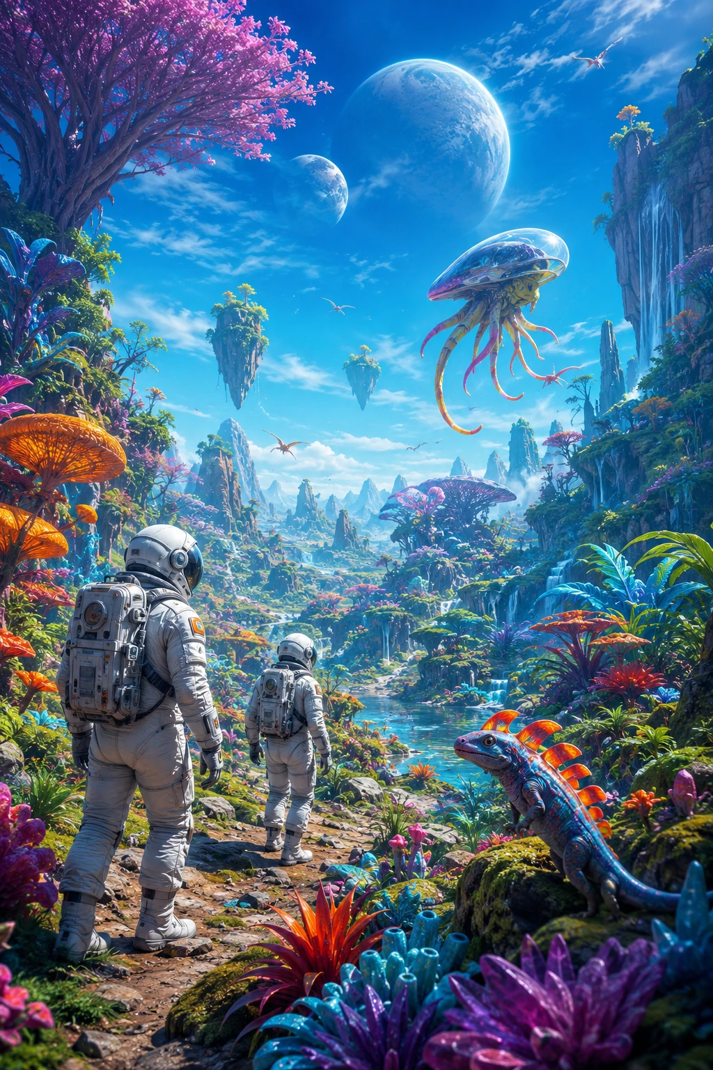 Astronautas explorando un exuberante y surreal paisaje alienígena