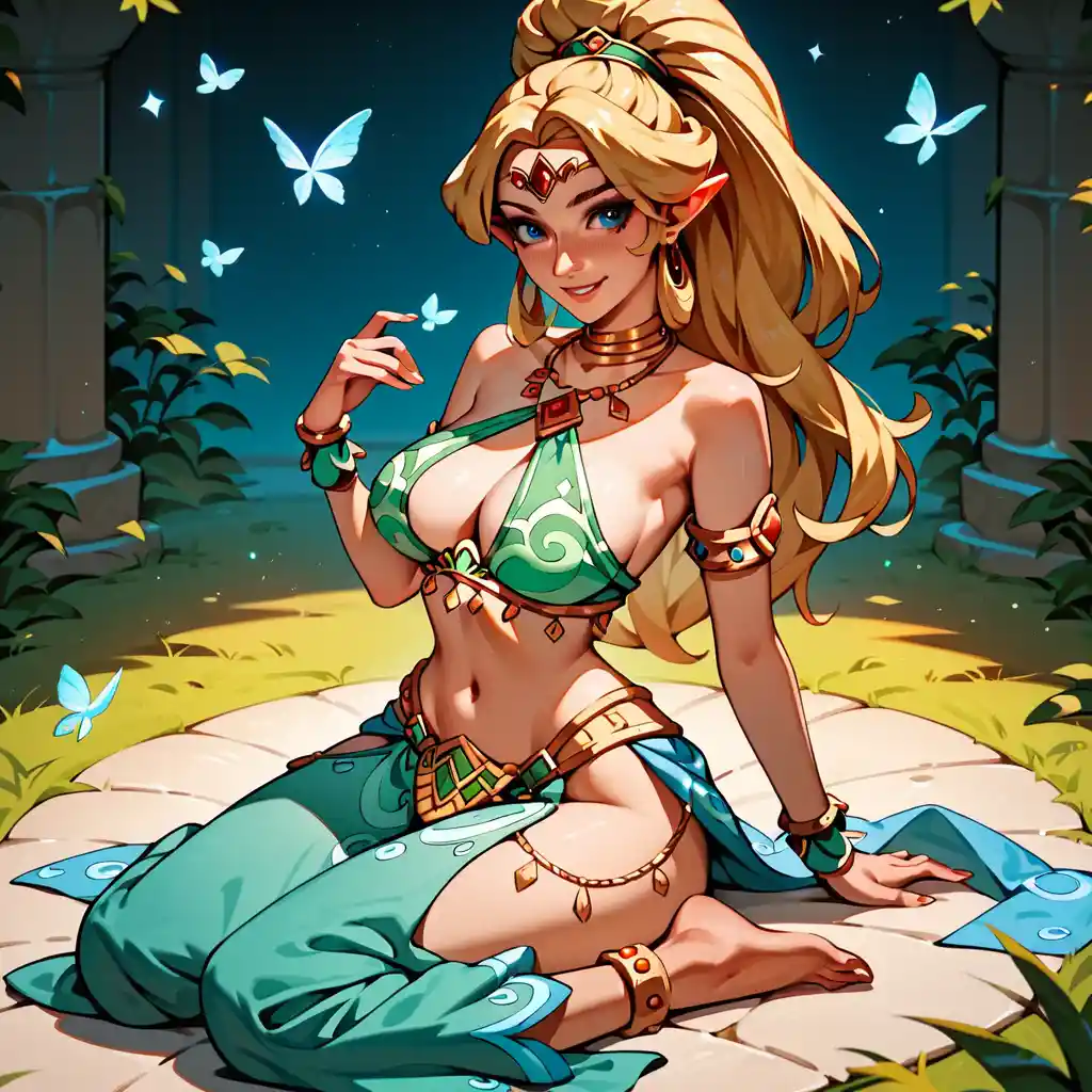 Smiling anime woman in red outfit in moonlit forest