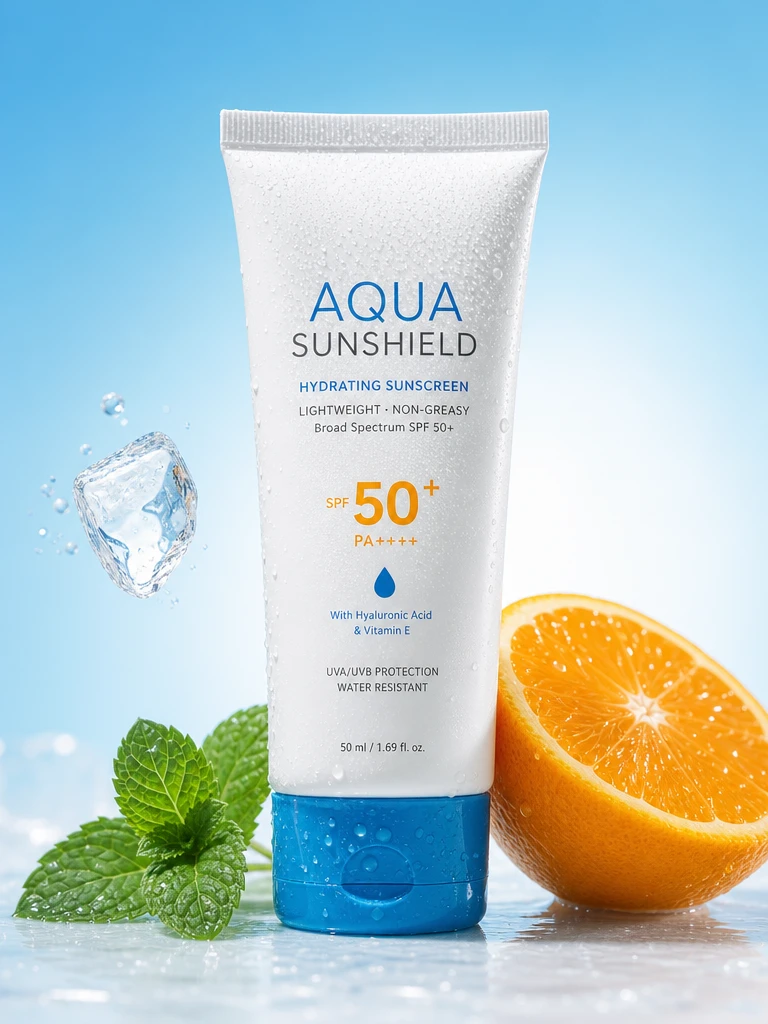 Fresh sunscreen tube with citrus and mint on blue background
