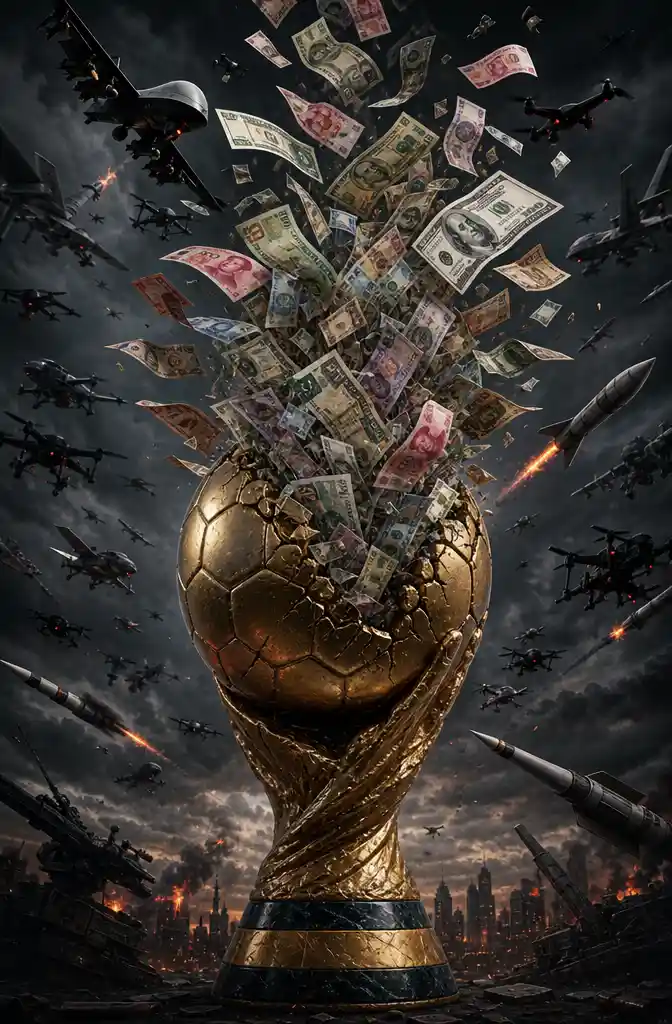 World Cup soccer ball releasing global banknotes and weapons
