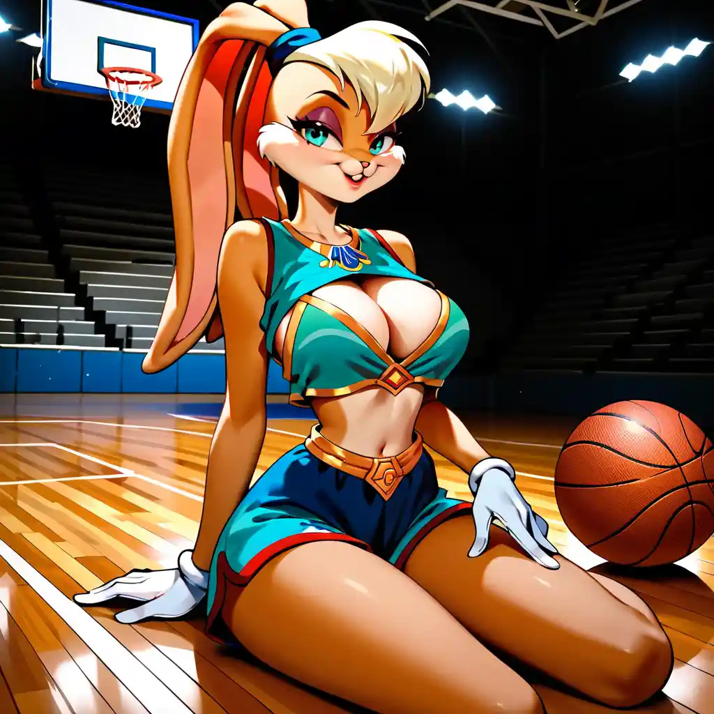Donna anime seduta in un campo da basket esterno abbandonato