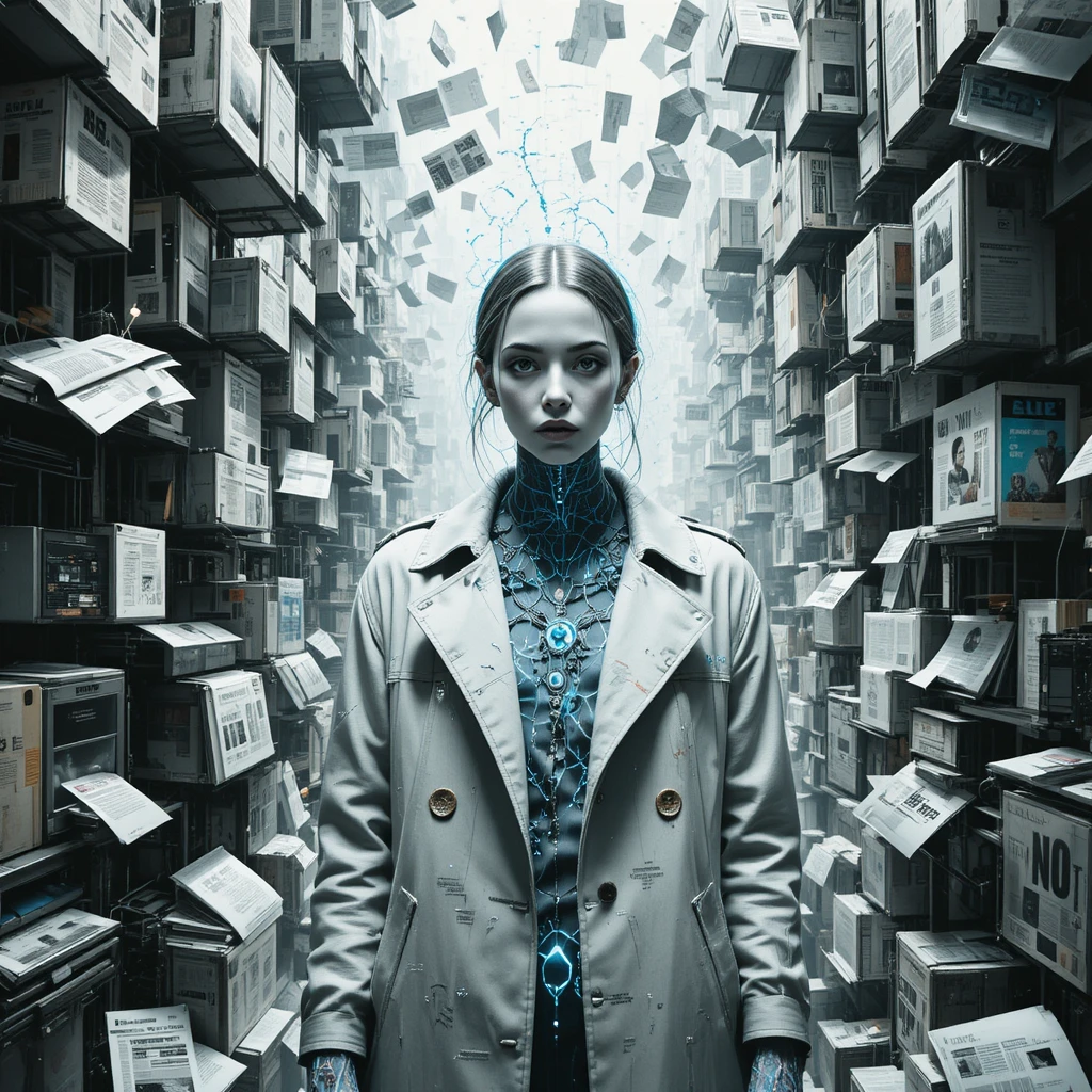 Mujer surrealista glitch en una tormenta de datos neón fracturados