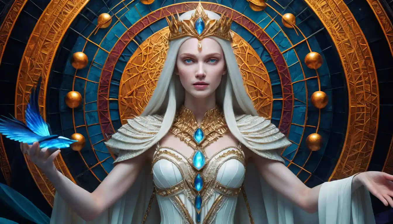 Mystical ancient queen in a vibrant magical fantasy realm