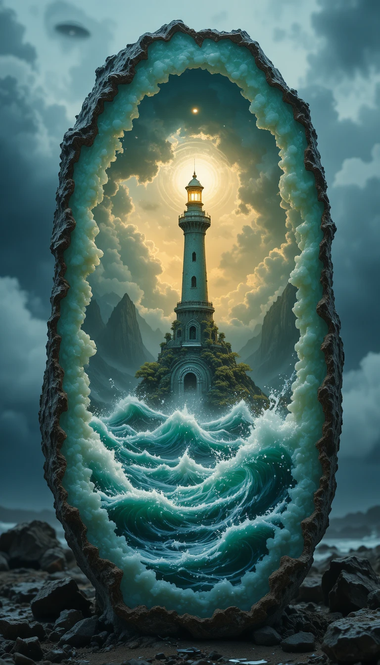 Stormy sea and lighthouse inside a glowing jadeite
