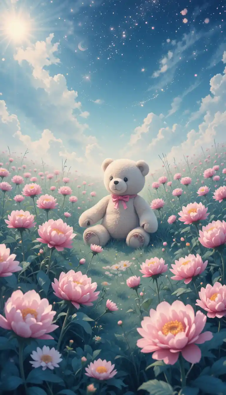 Retro teddy bear hidden in a watercolor peony meadow