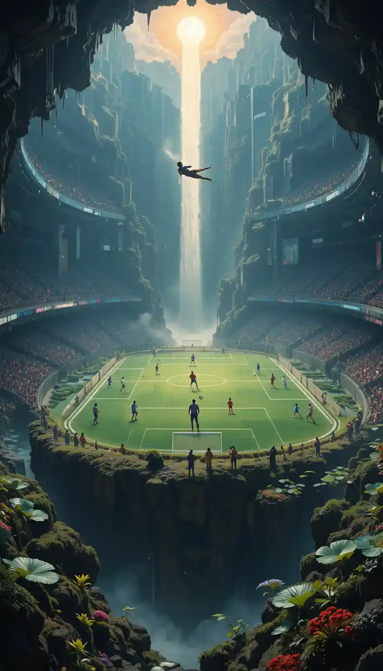 Epic soccer match on a floating field between waterfalls