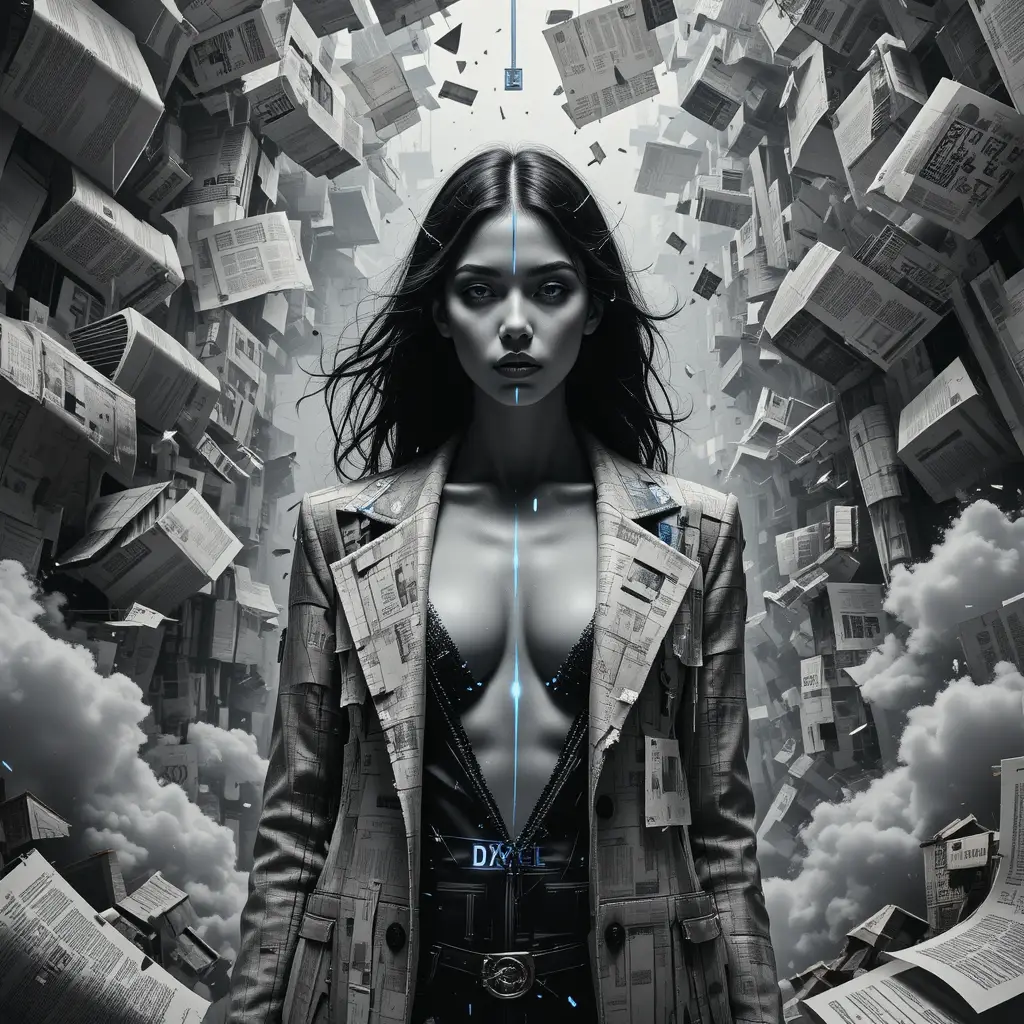 Surreal glitch fashion portrait of a grayscale woman