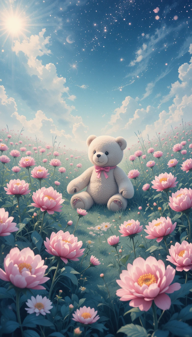 Retro teddy bear hidden in a watercolor peony meadow