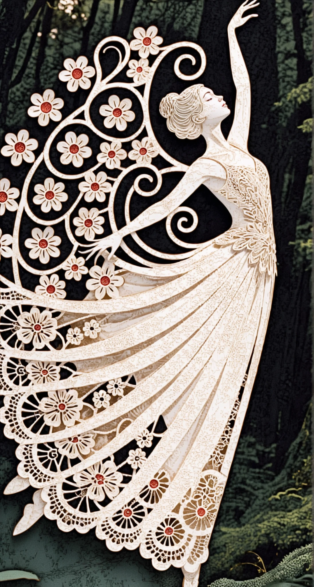 Intricate paper cut dancer with floral lace dress on stage