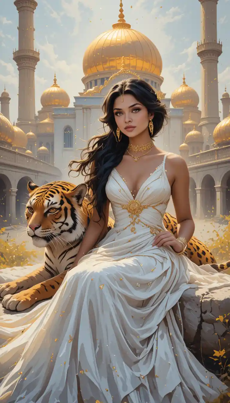 Elegant woman with tiger before a golden domed mosque