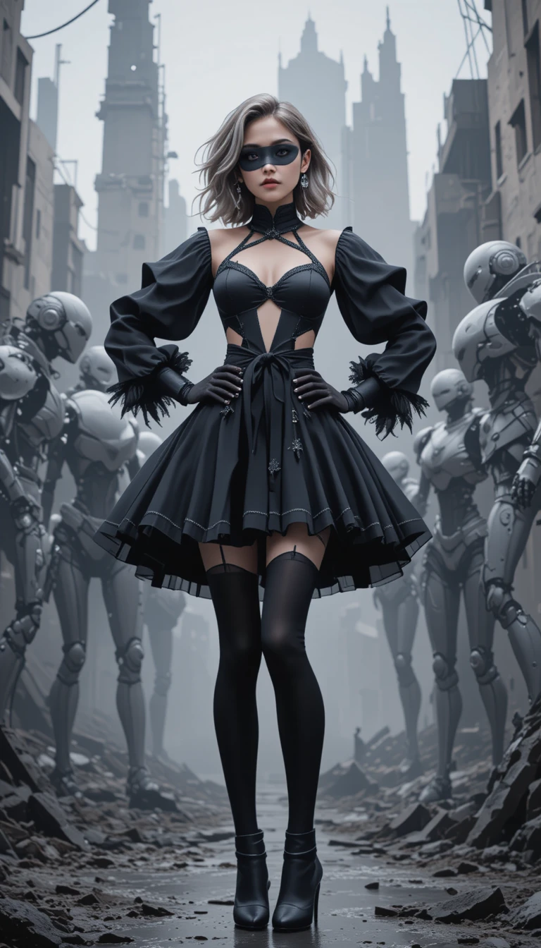 White haired anime girl in black dress in ruined city