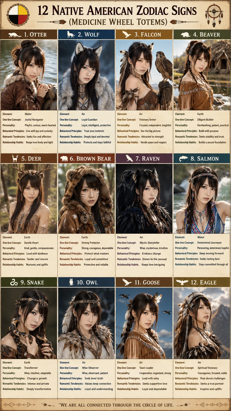 Native American zodiac chart with animal totem characters