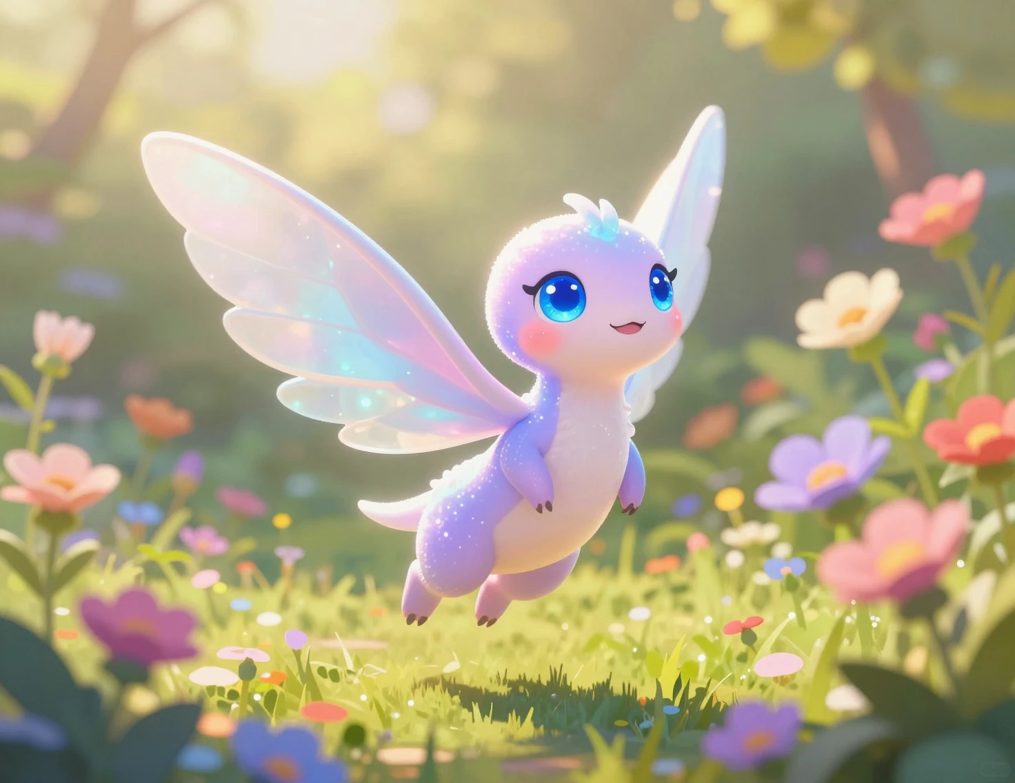 Whimsical fairy hovering in a sunlit flower garden