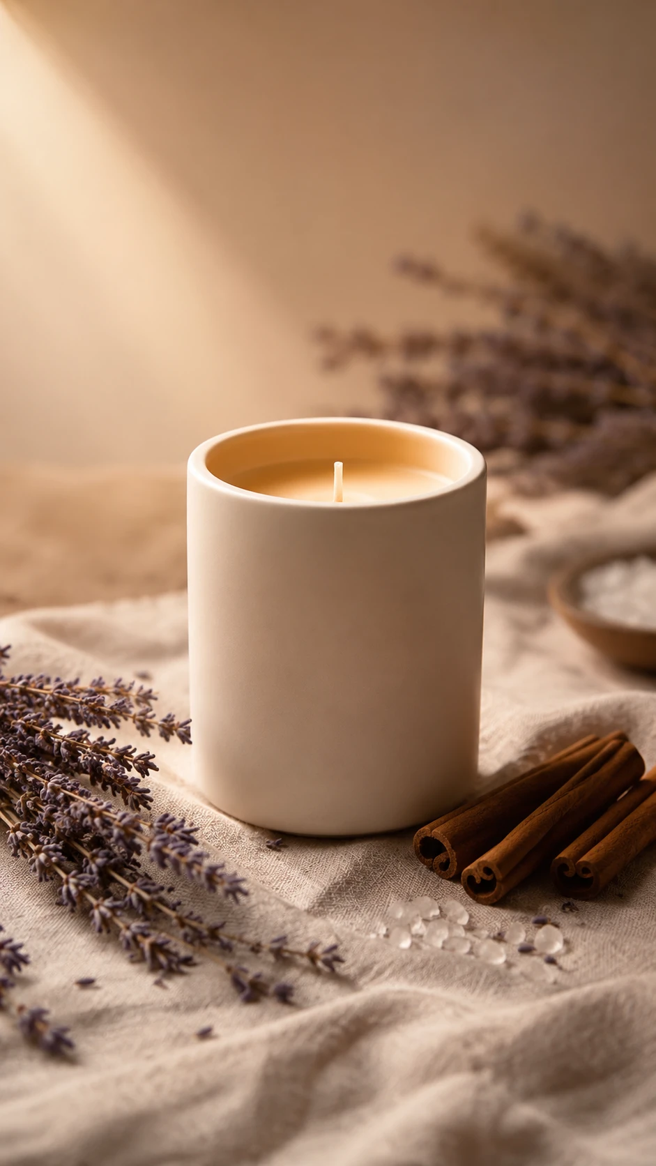 Minimalist ceramic candle with lavender and cinnamon accents