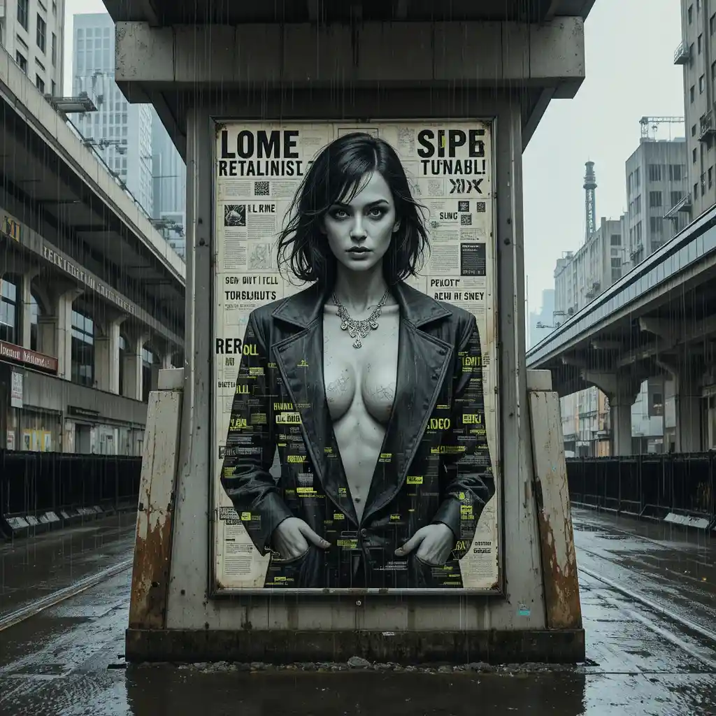 Femme fatale poster on a rainy megacity flood barrier