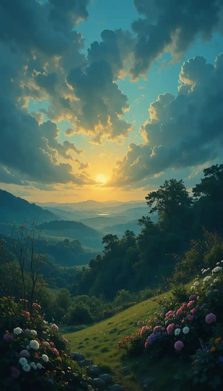 Poetic sunset light and shadow in emerald evening scene