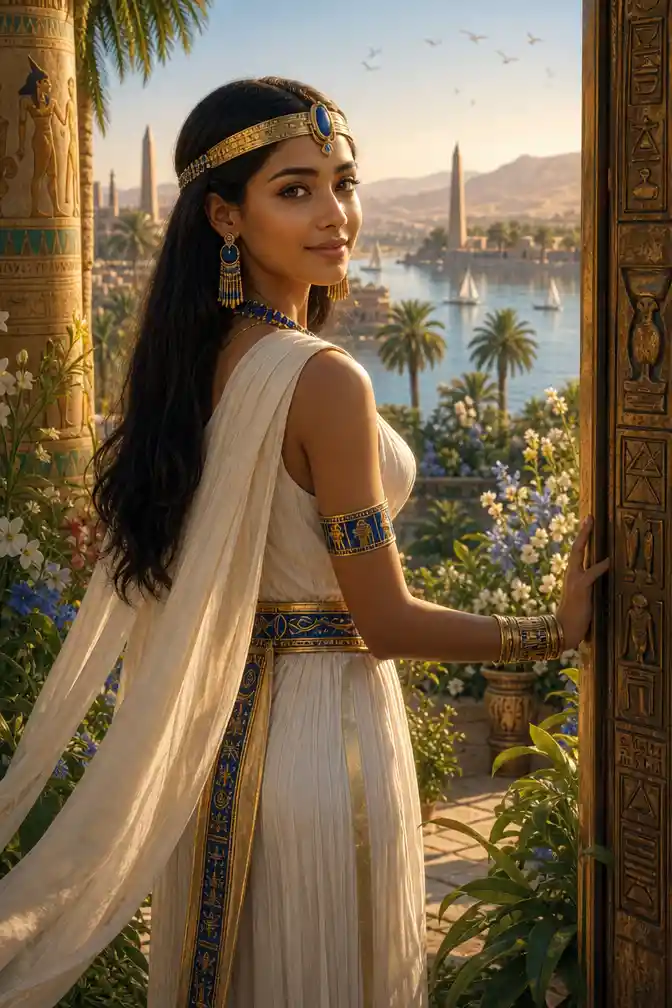 Young Egyptian princess in a lush riverside garden