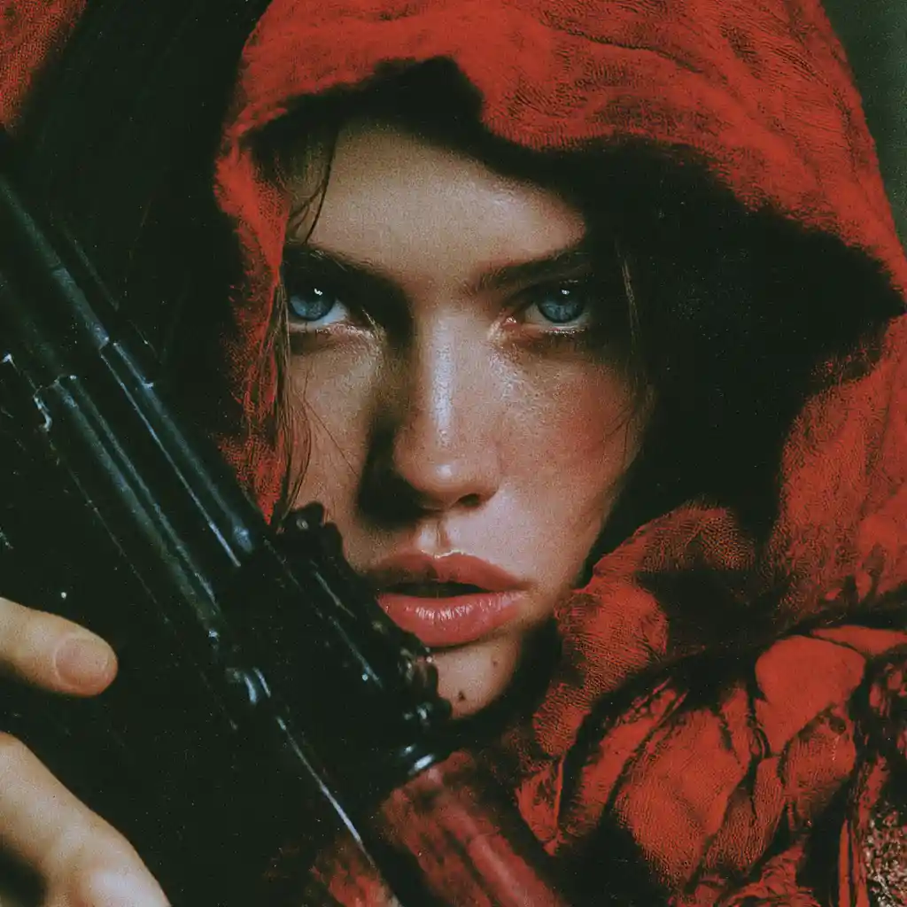 Woman in red hood holding rifle in cinematic portrait