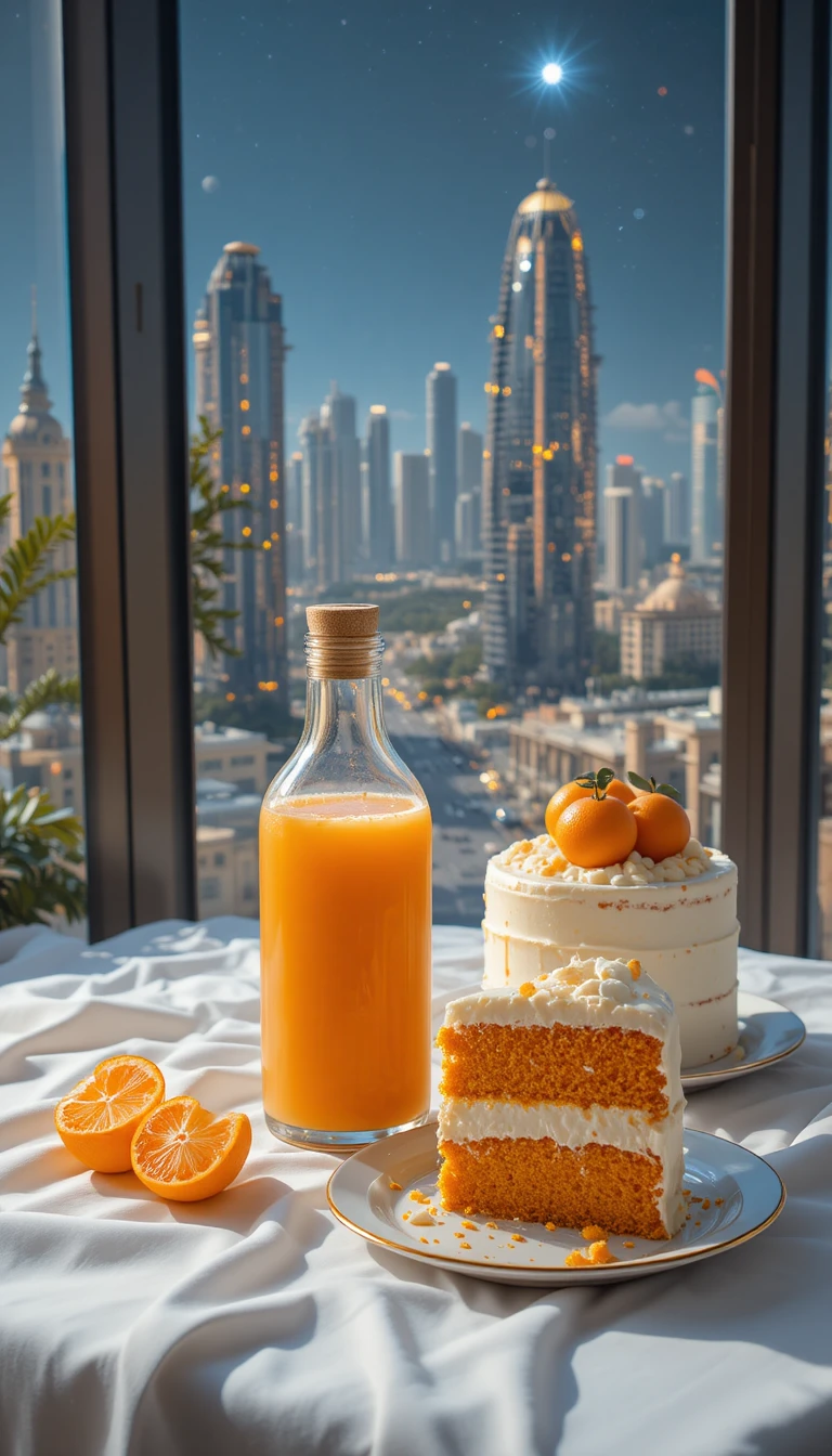 Elegant orange desserts by a window overlooking Dubai