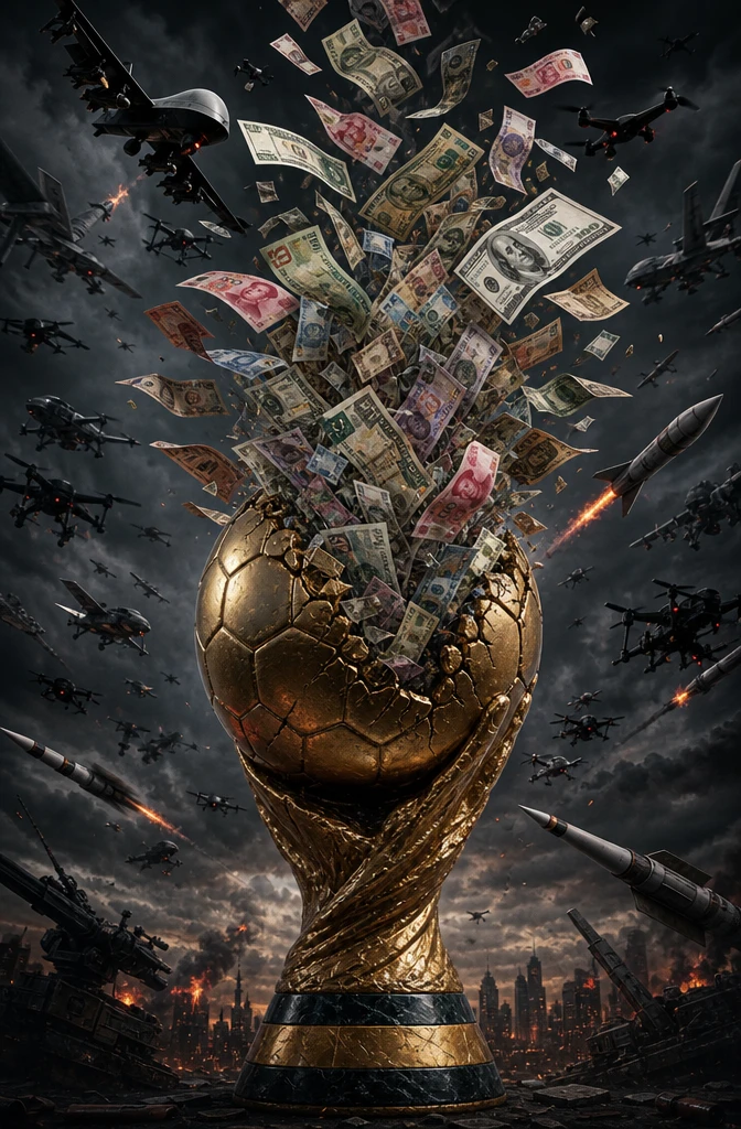 World Cup soccer ball releasing global banknotes and weapons