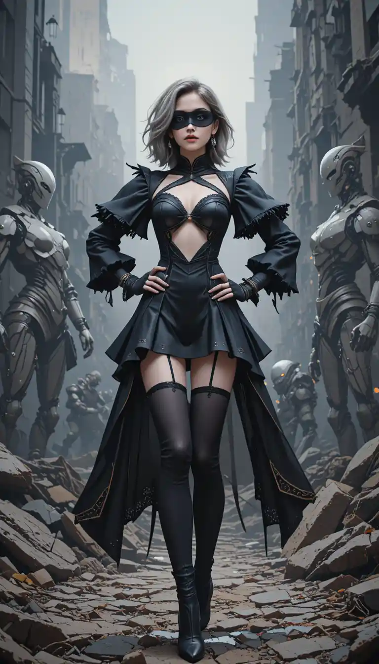 White haired anime girl in black dress in ruined city
